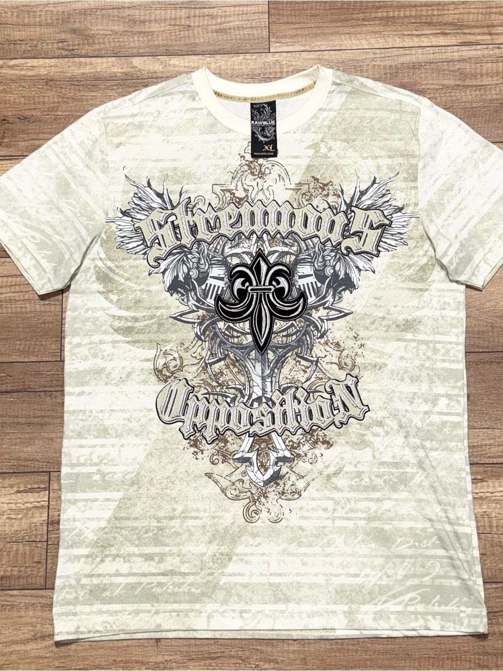 VTG Raw Blue Y2K MMA Affliction Style Wings Embroidered Gothic T Shirt Mens XL